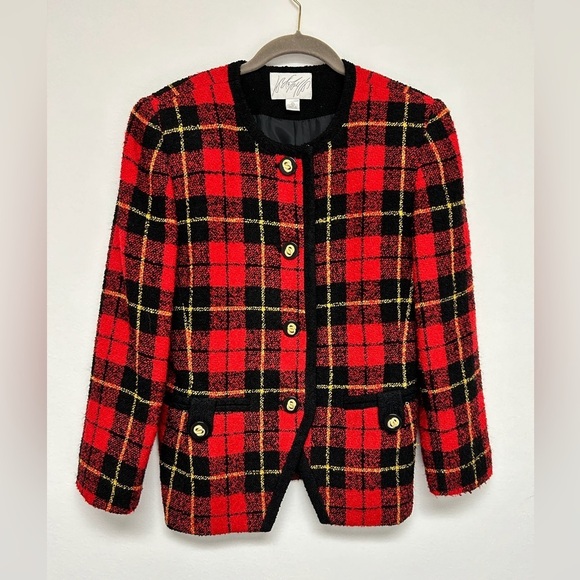 Vintage Lord & Taylor Red Gold Black plaid patterned Women’s Blazer size 6​​ - Picture 1 of 8